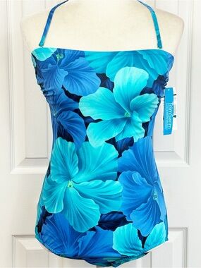 NWT Classics by Jantzen Trim Swim Blue Floral One Piece Bathing Suit 12